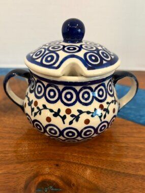 Manufaktura Polish Pottery Peacock Floral Vine Condiment Jelly Jar Sugar Bowl
